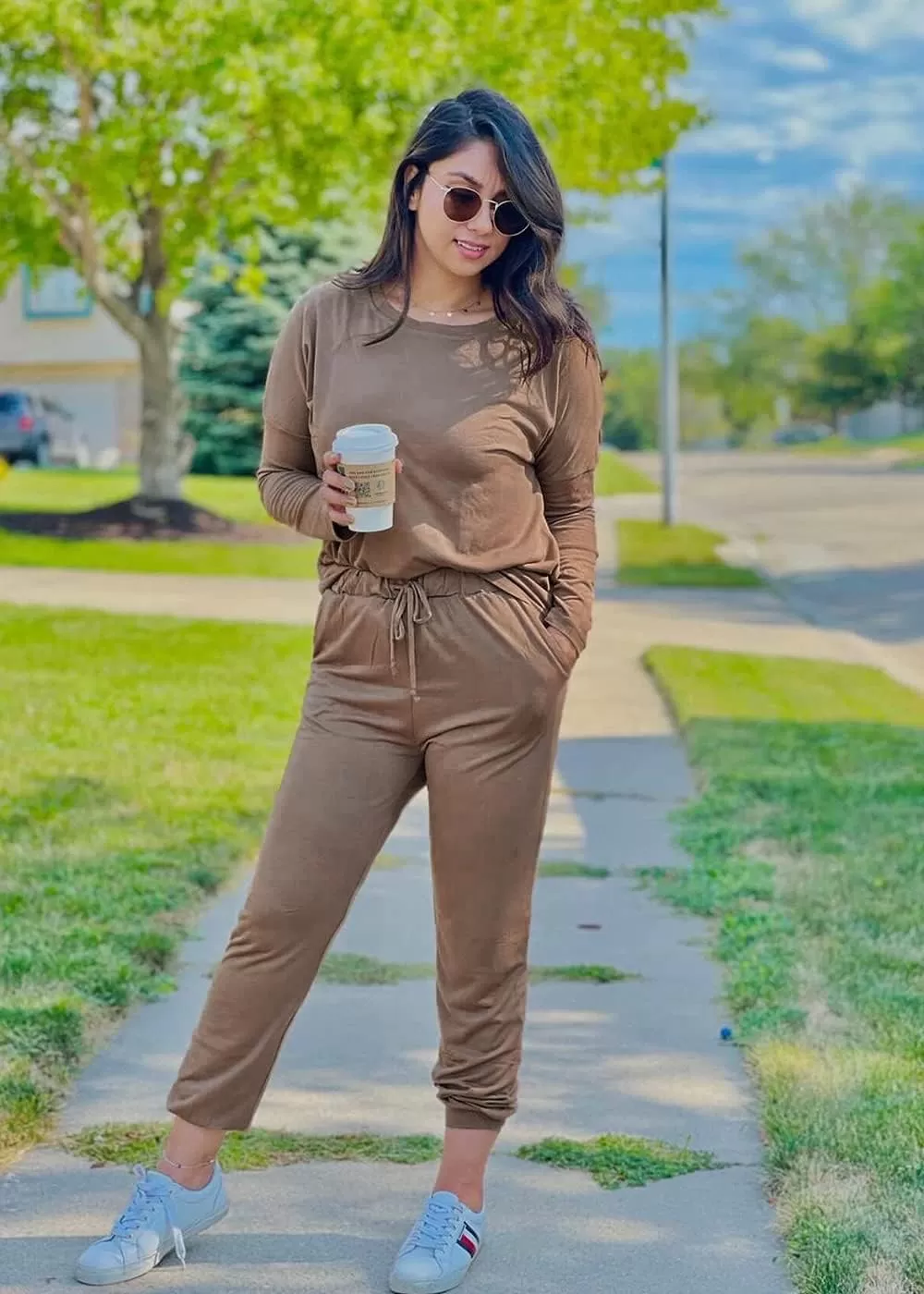 imagePRETTYGARDEN Womens Fall 2 Piece Lounge Outfit Long Sleeve Crewneck Pullover Tops High Waisted Pants Set TracksuitDark Khaki