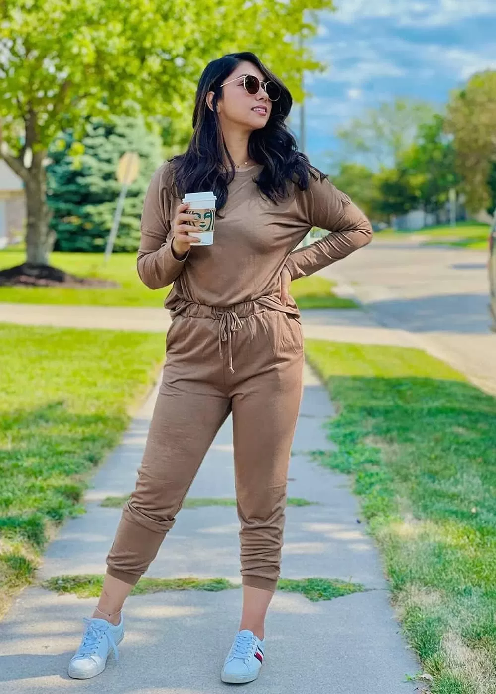 imagePRETTYGARDEN Womens Fall 2 Piece Lounge Outfit Long Sleeve Crewneck Pullover Tops High Waisted Pants Set TracksuitDark Khaki