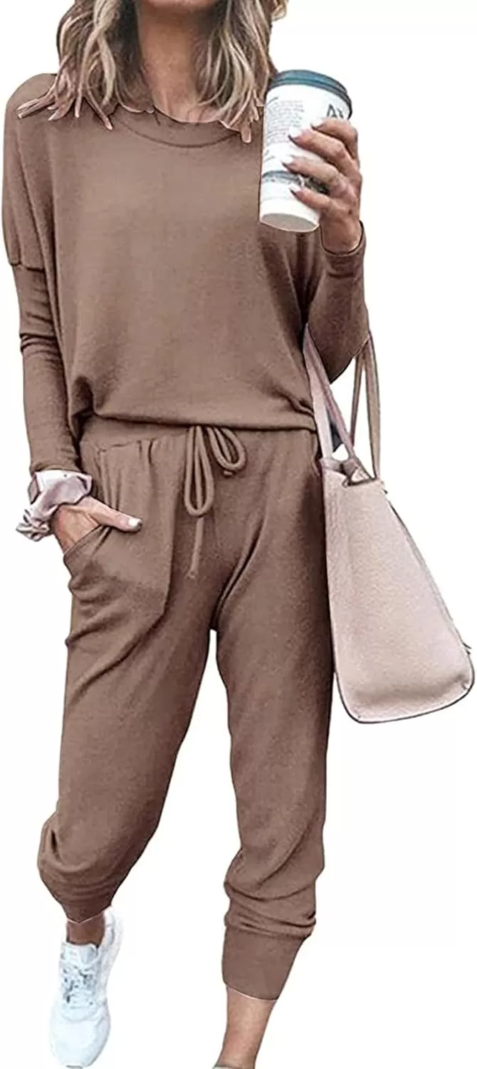 imagePRETTYGARDEN Womens Fall 2 Piece Lounge Outfit Long Sleeve Crewneck Pullover Tops High Waisted Pants Set TracksuitDark Khaki