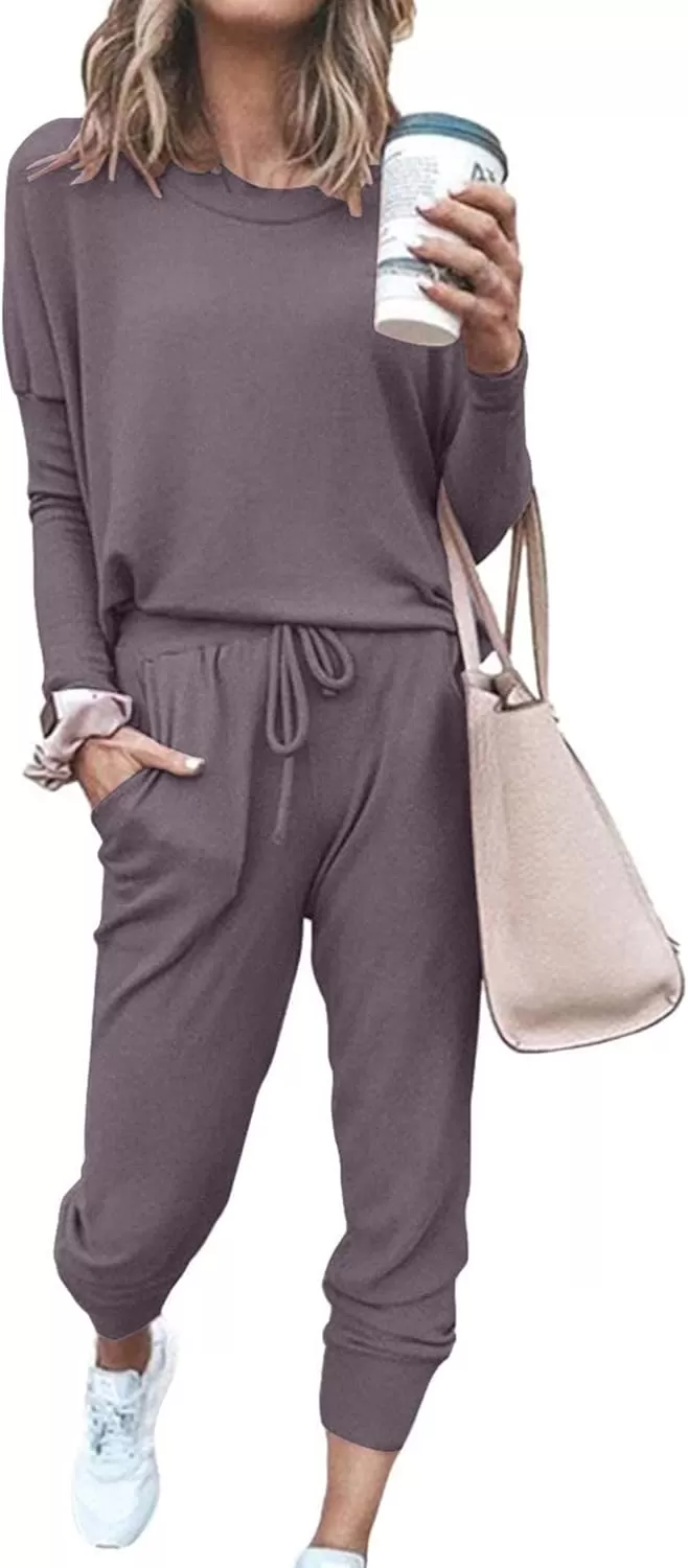 imagePRETTYGARDEN Womens Fall 2 Piece Lounge Outfit Long Sleeve Crewneck Pullover Tops High Waisted Pants Set TracksuitGrey