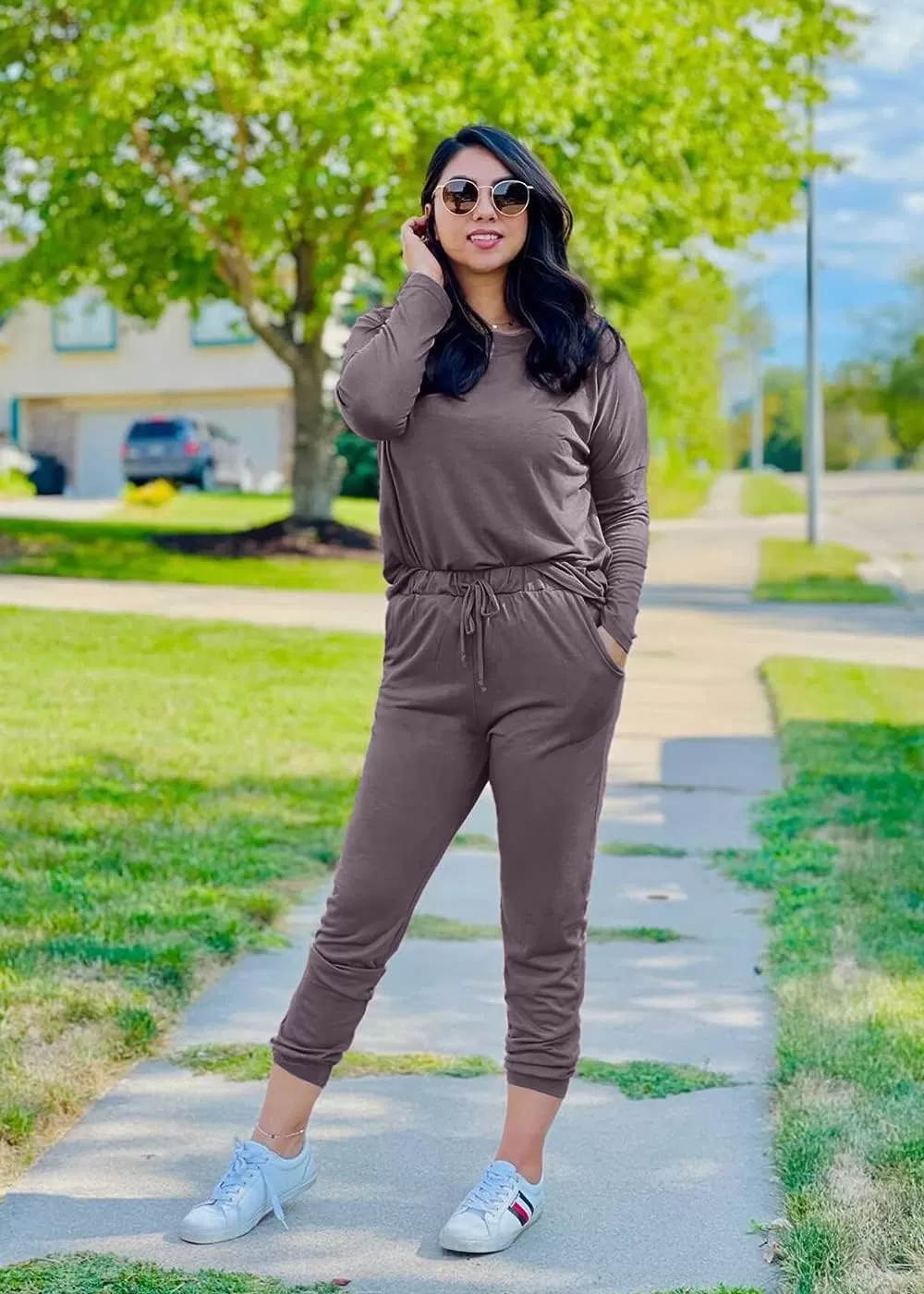 imagePRETTYGARDEN Womens Fall 2 Piece Lounge Outfit Long Sleeve Crewneck Pullover Tops High Waisted Pants Set TracksuitGrey