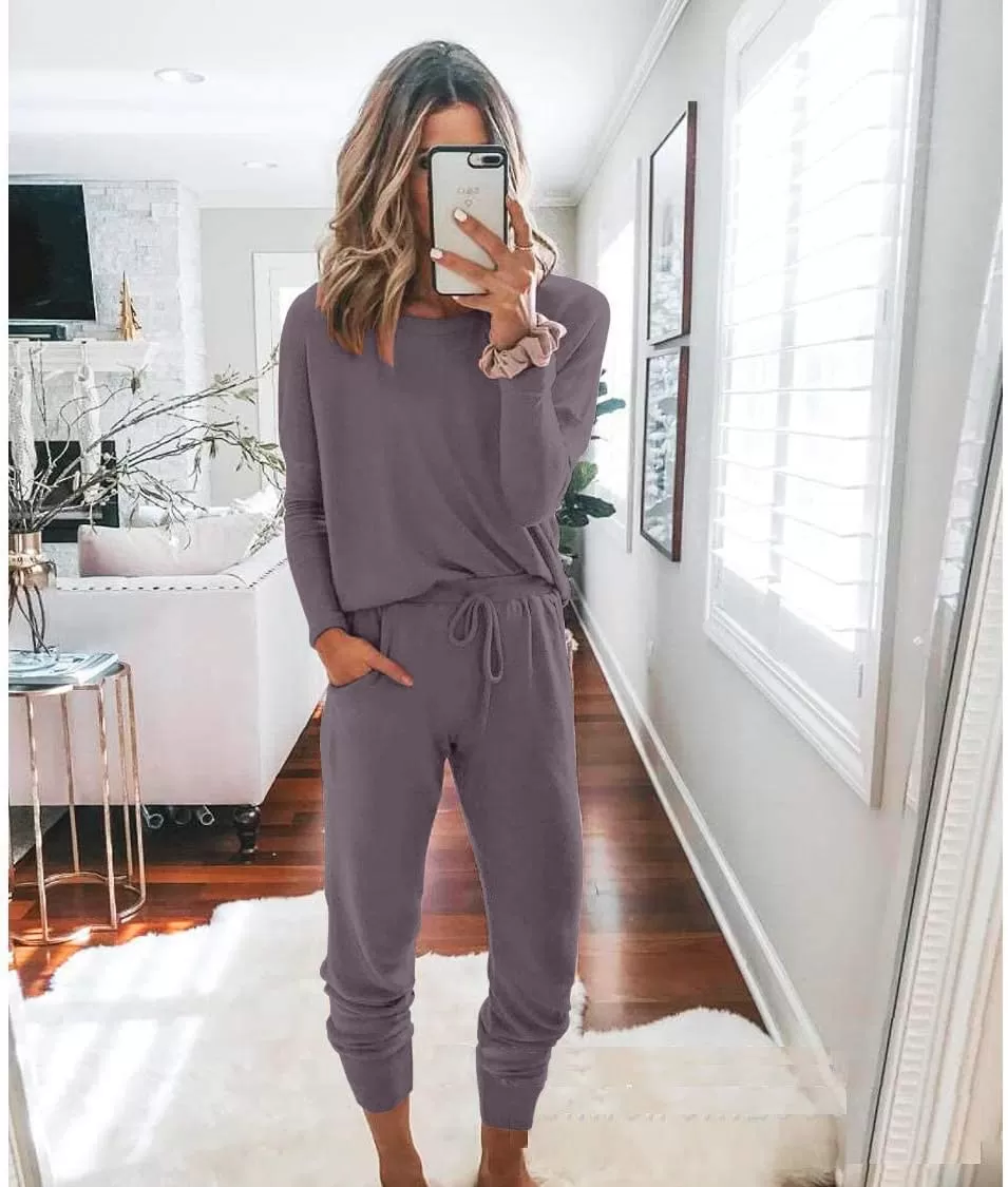 imagePRETTYGARDEN Womens Fall 2 Piece Lounge Outfit Long Sleeve Crewneck Pullover Tops High Waisted Pants Set TracksuitGrey
