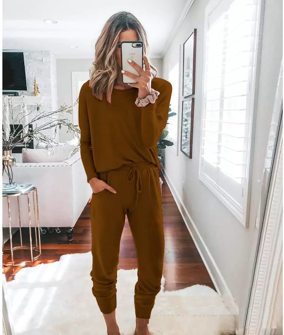 imagePRETTYGARDEN Womens Fall 2 Piece Lounge Outfit Long Sleeve Crewneck Pullover Tops High Waisted Pants Set TracksuitLight Brown