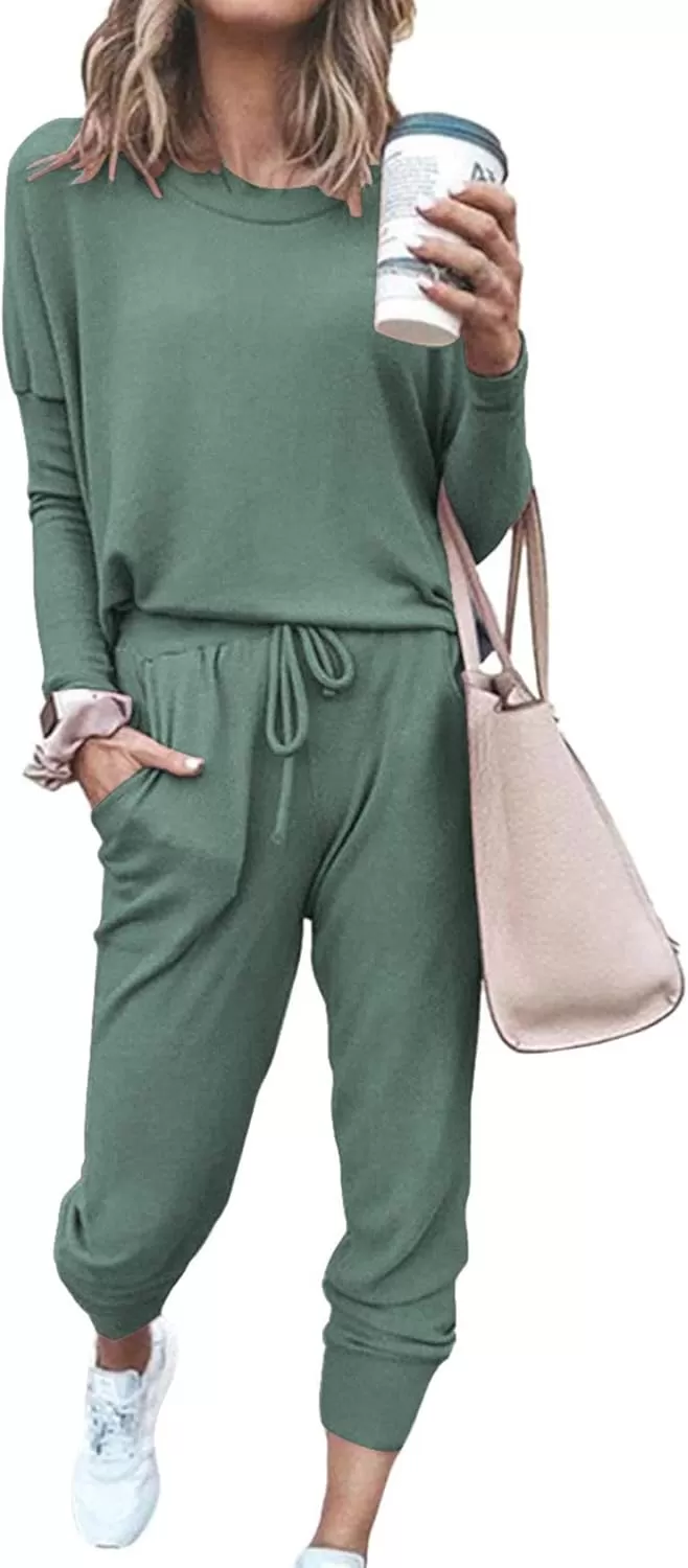 imagePRETTYGARDEN Womens Fall 2 Piece Lounge Outfit Long Sleeve Crewneck Pullover Tops High Waisted Pants Set TracksuitLight Green