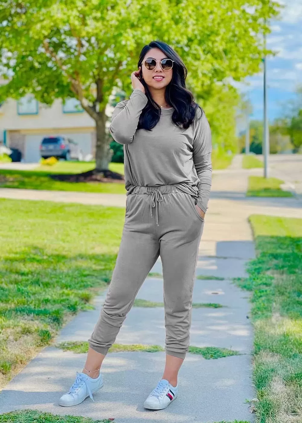 imagePRETTYGARDEN Womens Fall 2 Piece Lounge Outfit Long Sleeve Crewneck Pullover Tops High Waisted Pants Set TracksuitLight Grey