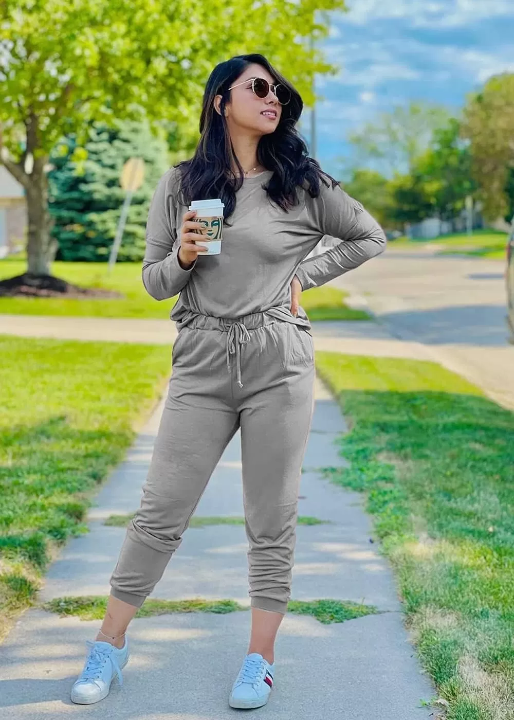 imagePRETTYGARDEN Womens Fall 2 Piece Lounge Outfit Long Sleeve Crewneck Pullover Tops High Waisted Pants Set TracksuitLight Grey