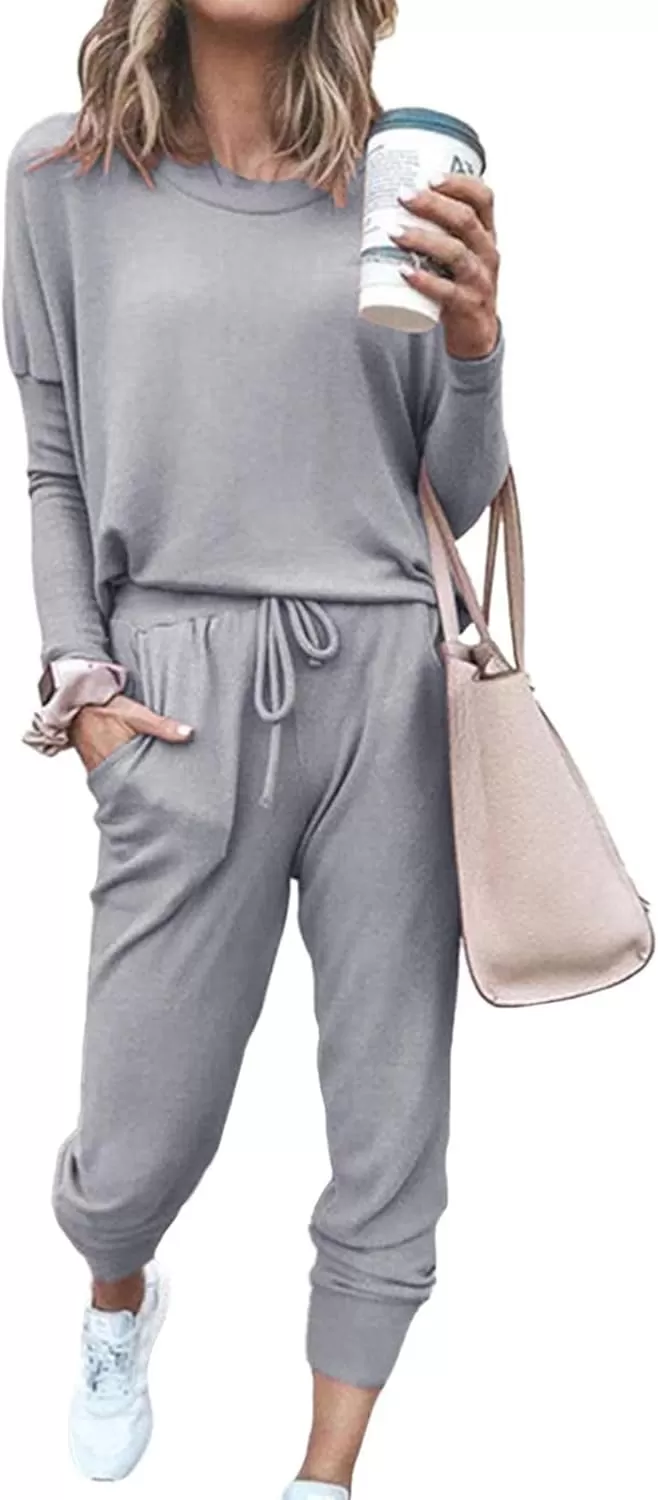 imagePRETTYGARDEN Womens Fall 2 Piece Lounge Outfit Long Sleeve Crewneck Pullover Tops High Waisted Pants Set TracksuitLight Grey