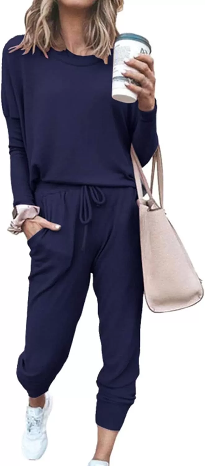 imagePRETTYGARDEN Womens Fall 2 Piece Lounge Outfit Long Sleeve Crewneck Pullover Tops High Waisted Pants Set TracksuitNavy