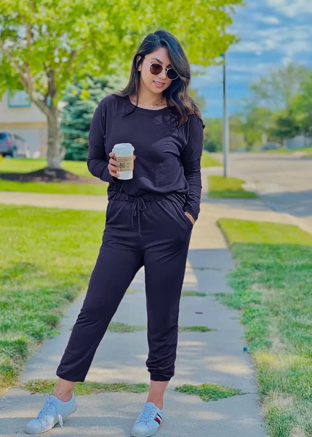 imagePRETTYGARDEN Womens Fall 2 Piece Lounge Outfit Long Sleeve Crewneck Pullover Tops High Waisted Pants Set TracksuitNavy