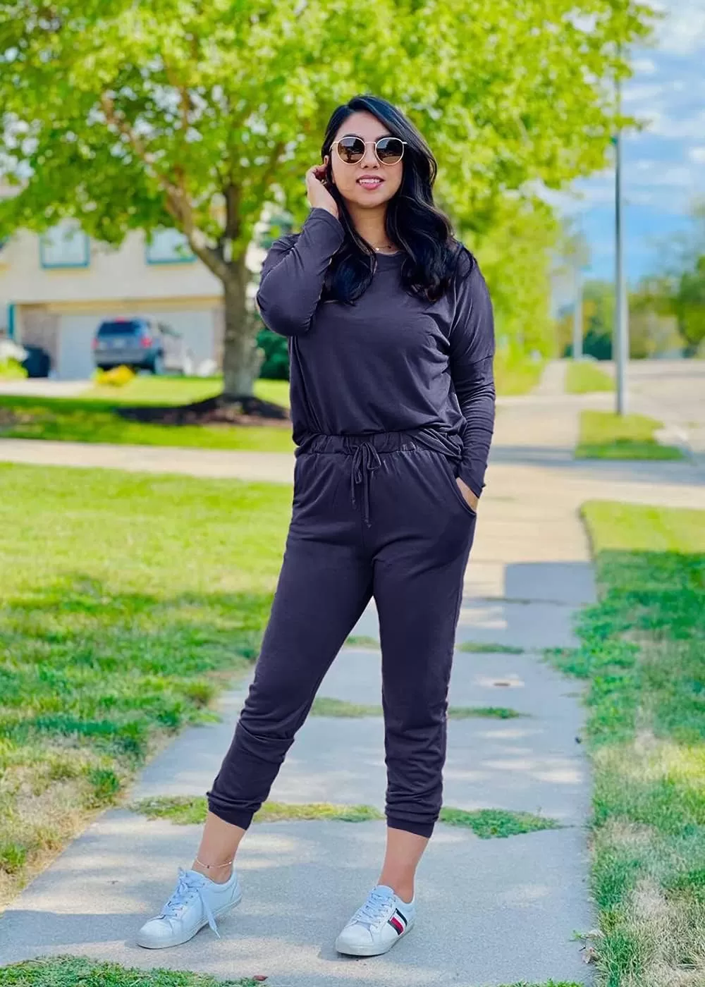 imagePRETTYGARDEN Womens Fall 2 Piece Lounge Outfit Long Sleeve Crewneck Pullover Tops High Waisted Pants Set TracksuitNavy