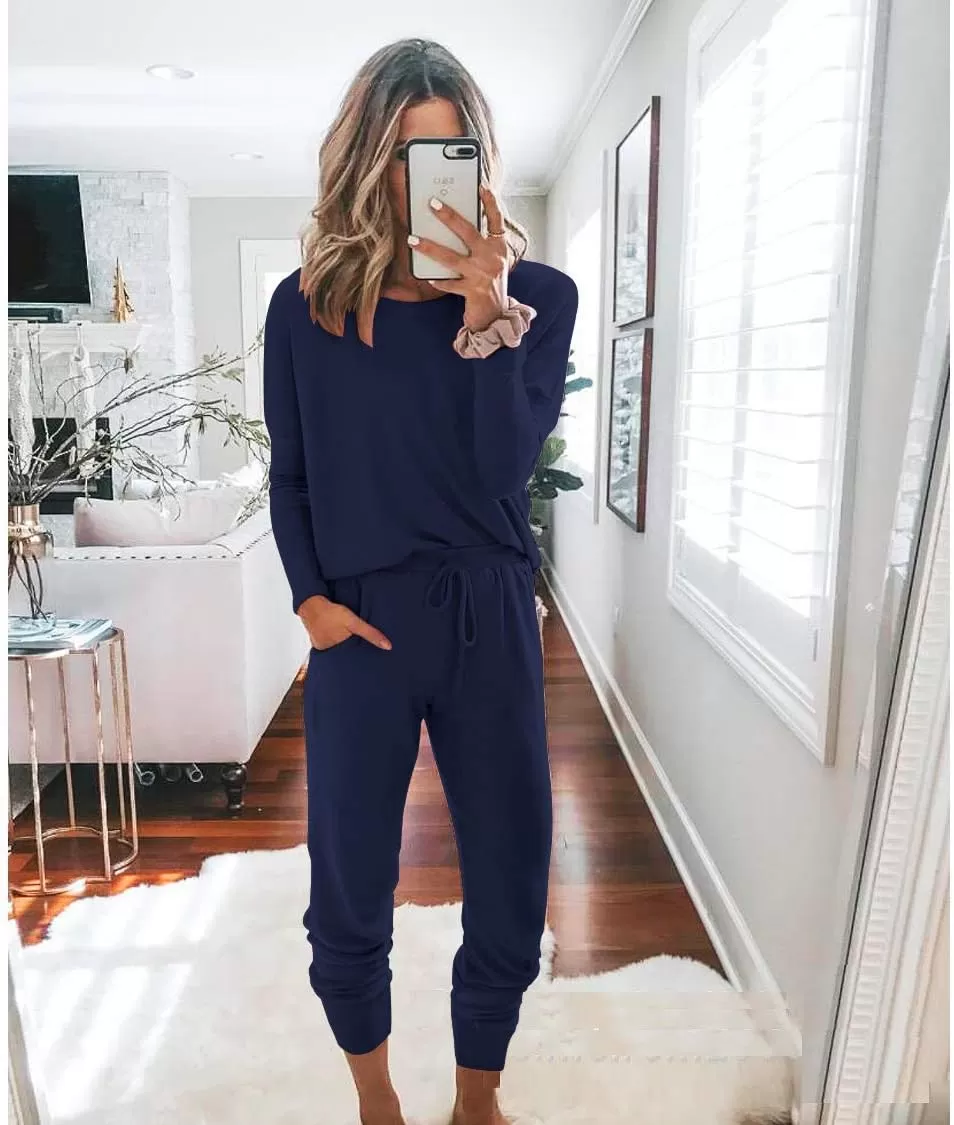 imagePRETTYGARDEN Womens Fall 2 Piece Lounge Outfit Long Sleeve Crewneck Pullover Tops High Waisted Pants Set TracksuitNavy