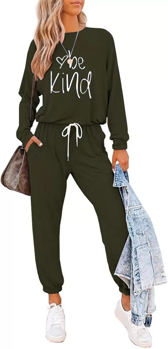 imagePRETTYGARDEN Womens Fall 2 Piece Lounge Outfit Long Sleeve Crewneck Pullover Tops High Waisted Pants Set TracksuitPatternedarmy Green