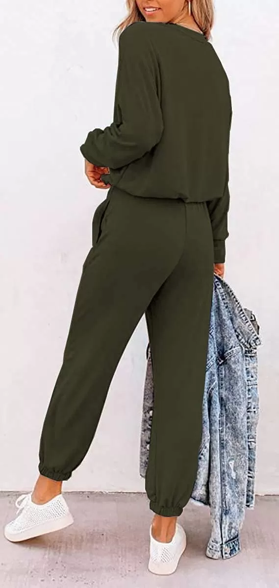 imagePRETTYGARDEN Womens Fall 2 Piece Lounge Outfit Long Sleeve Crewneck Pullover Tops High Waisted Pants Set TracksuitPatternedarmy Green