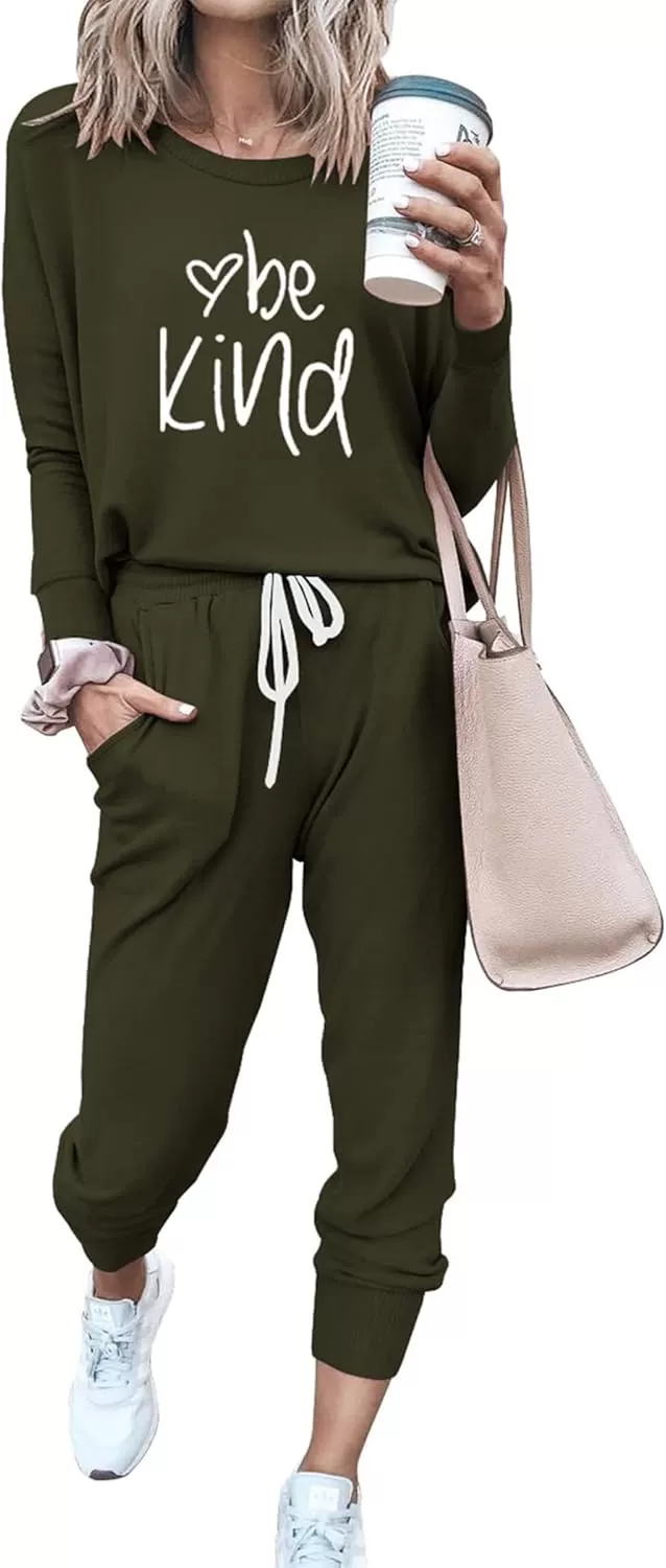 imagePRETTYGARDEN Womens Fall 2 Piece Lounge Outfit Long Sleeve Crewneck Pullover Tops High Waisted Pants Set TracksuitPatternedarmy Green
