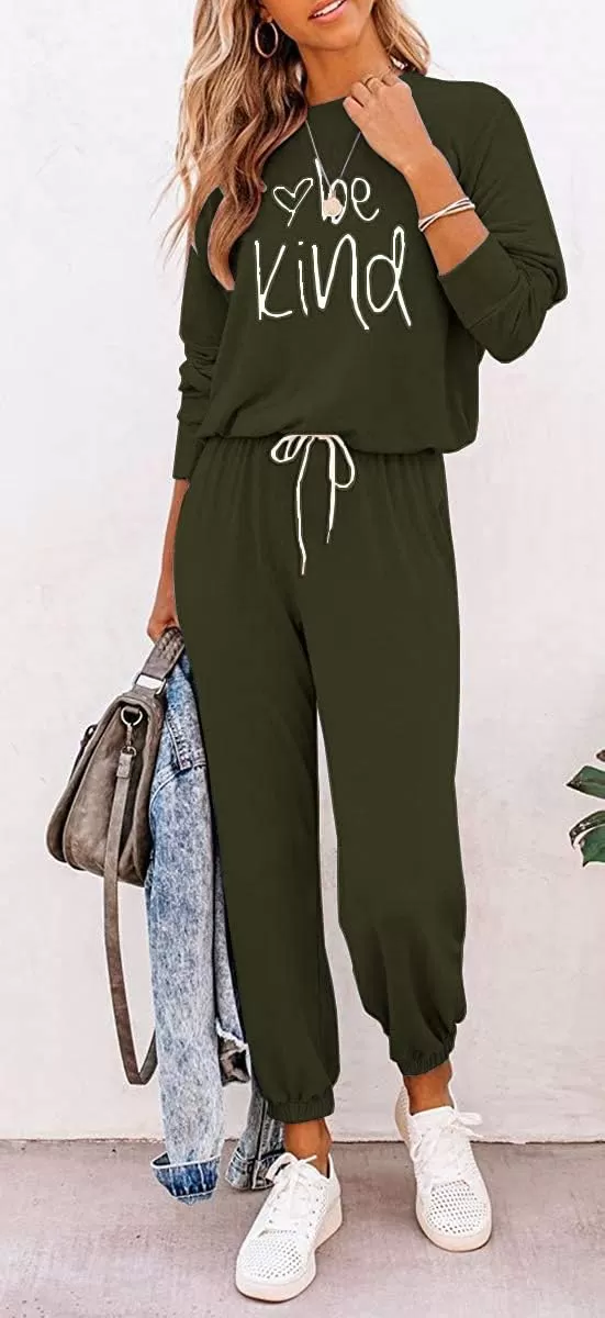 imagePRETTYGARDEN Womens Fall 2 Piece Lounge Outfit Long Sleeve Crewneck Pullover Tops High Waisted Pants Set TracksuitPatternedarmy Green
