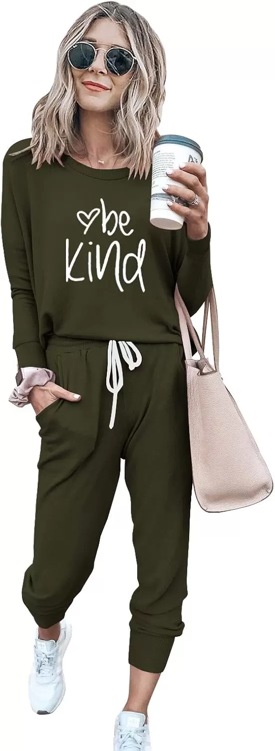 imagePRETTYGARDEN Womens Fall 2 Piece Lounge Outfit Long Sleeve Crewneck Pullover Tops High Waisted Pants Set TracksuitPatternedarmy Green