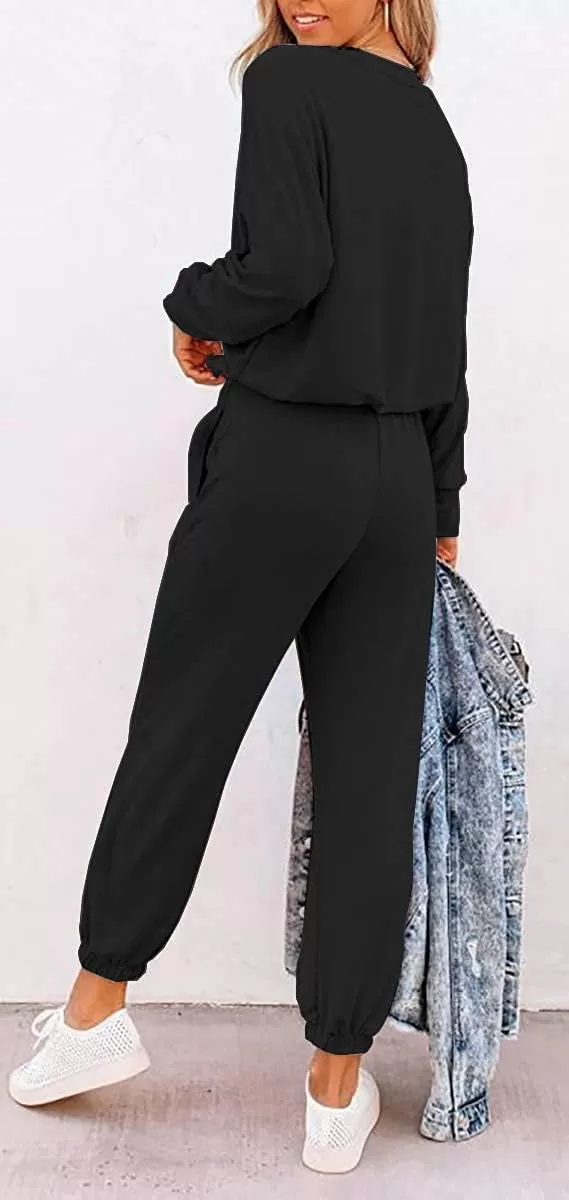 imagePRETTYGARDEN Womens Fall 2 Piece Lounge Outfit Long Sleeve Crewneck Pullover Tops High Waisted Pants Set TracksuitPatternedblack