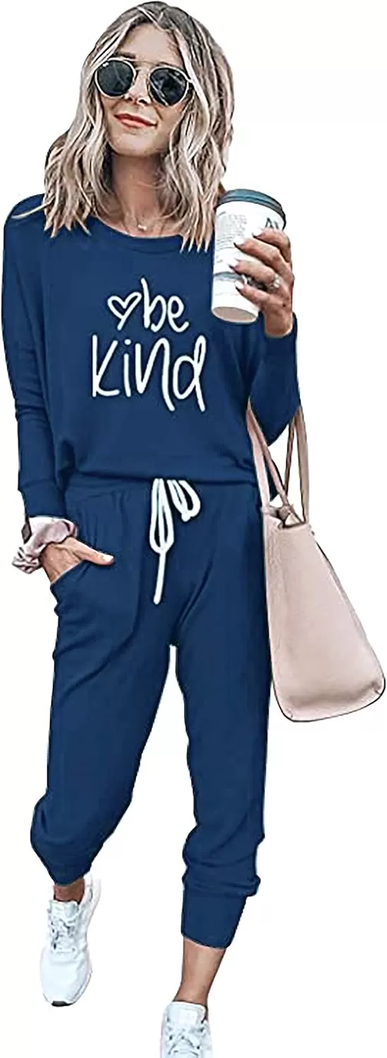 imagePRETTYGARDEN Womens Fall 2 Piece Lounge Outfit Long Sleeve Crewneck Pullover Tops High Waisted Pants Set TracksuitPatterneddark Blue