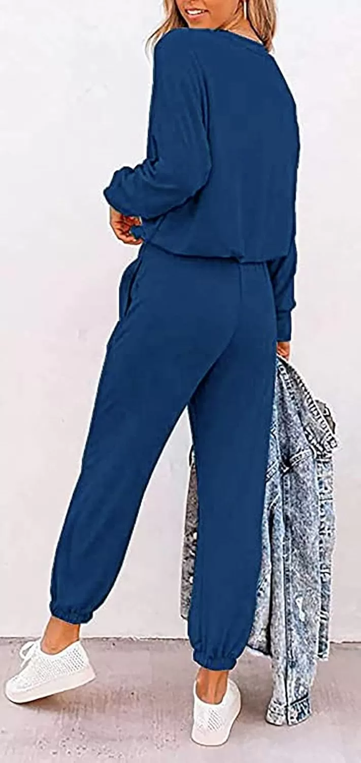 imagePRETTYGARDEN Womens Fall 2 Piece Lounge Outfit Long Sleeve Crewneck Pullover Tops High Waisted Pants Set TracksuitPatterneddark Blue