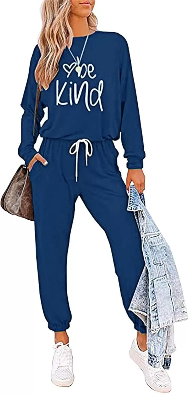 imagePRETTYGARDEN Womens Fall 2 Piece Lounge Outfit Long Sleeve Crewneck Pullover Tops High Waisted Pants Set TracksuitPatterneddark Blue