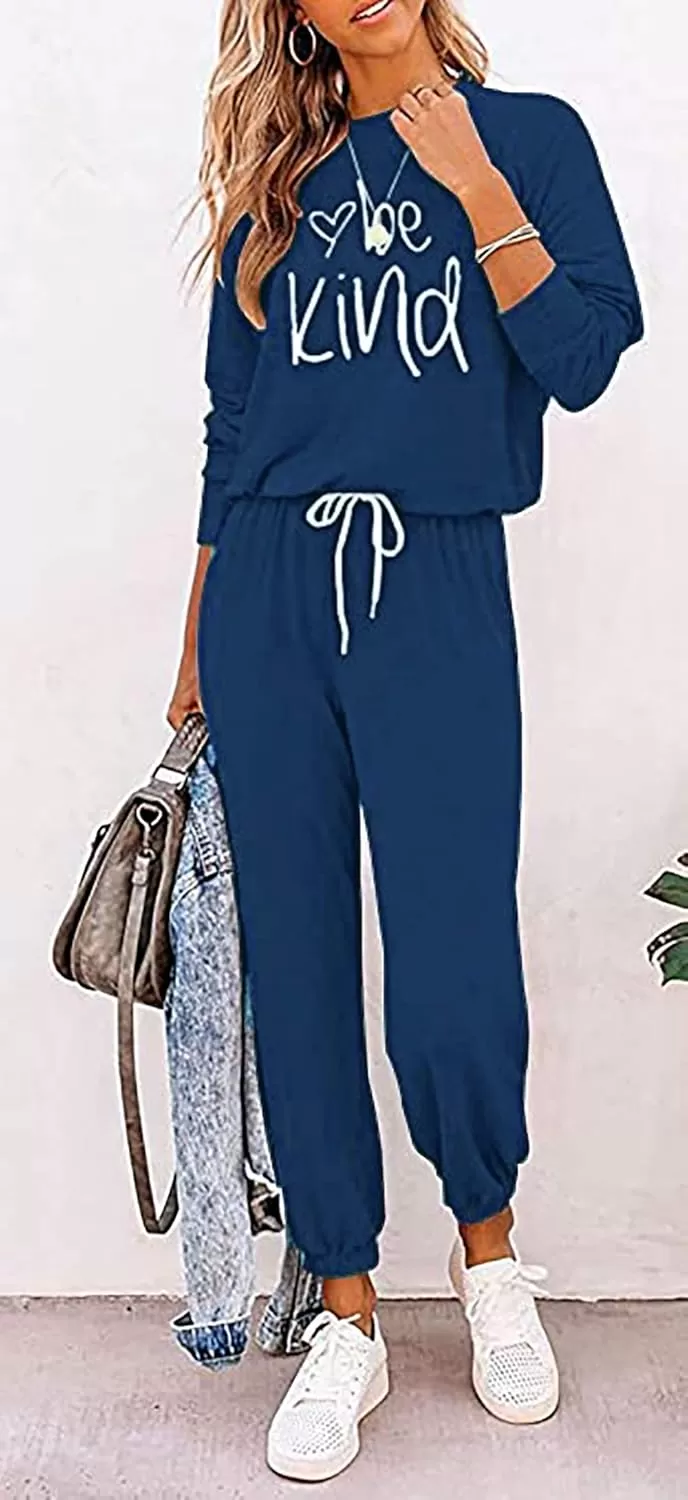 imagePRETTYGARDEN Womens Fall 2 Piece Lounge Outfit Long Sleeve Crewneck Pullover Tops High Waisted Pants Set TracksuitPatterneddark Blue