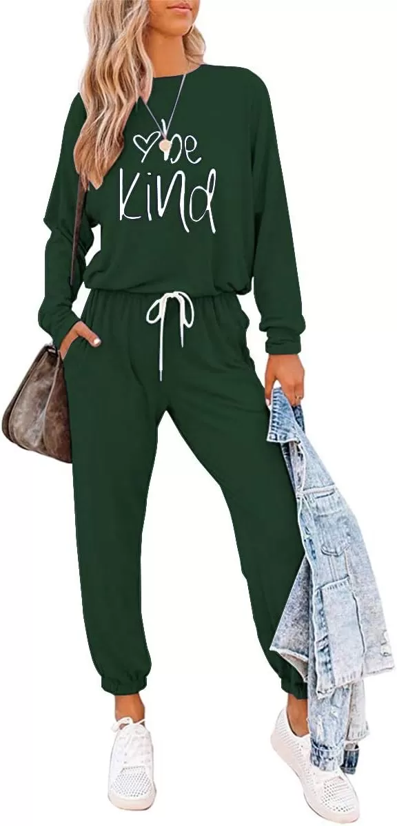 imagePRETTYGARDEN Womens Fall 2 Piece Lounge Outfit Long Sleeve Crewneck Pullover Tops High Waisted Pants Set TracksuitPatterneddark Green