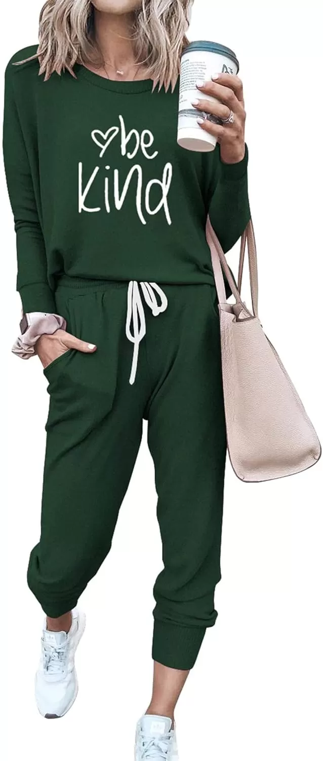 imagePRETTYGARDEN Womens Fall 2 Piece Lounge Outfit Long Sleeve Crewneck Pullover Tops High Waisted Pants Set TracksuitPatterneddark Green
