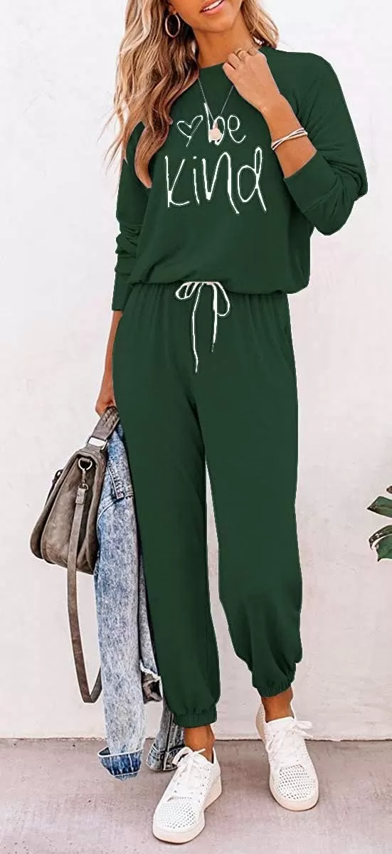 imagePRETTYGARDEN Womens Fall 2 Piece Lounge Outfit Long Sleeve Crewneck Pullover Tops High Waisted Pants Set TracksuitPatterneddark Green
