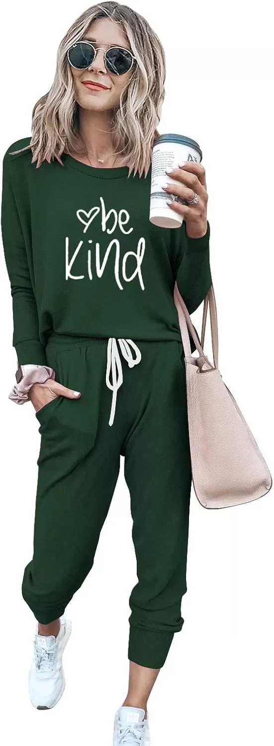 imagePRETTYGARDEN Womens Fall 2 Piece Lounge Outfit Long Sleeve Crewneck Pullover Tops High Waisted Pants Set TracksuitPatterneddark Green