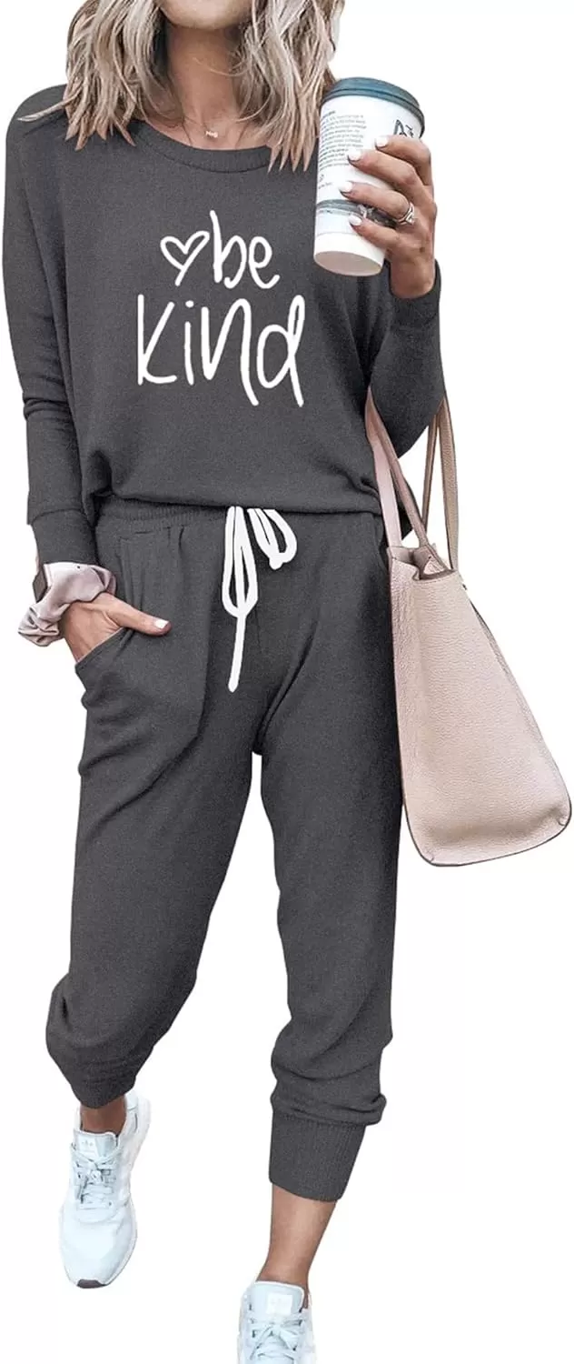 imagePRETTYGARDEN Womens Fall 2 Piece Lounge Outfit Long Sleeve Crewneck Pullover Tops High Waisted Pants Set TracksuitPatterneddark Grey