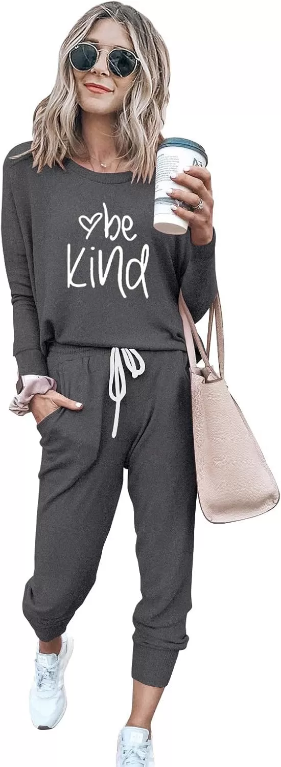 imagePRETTYGARDEN Womens Fall 2 Piece Lounge Outfit Long Sleeve Crewneck Pullover Tops High Waisted Pants Set TracksuitPatterneddark Grey