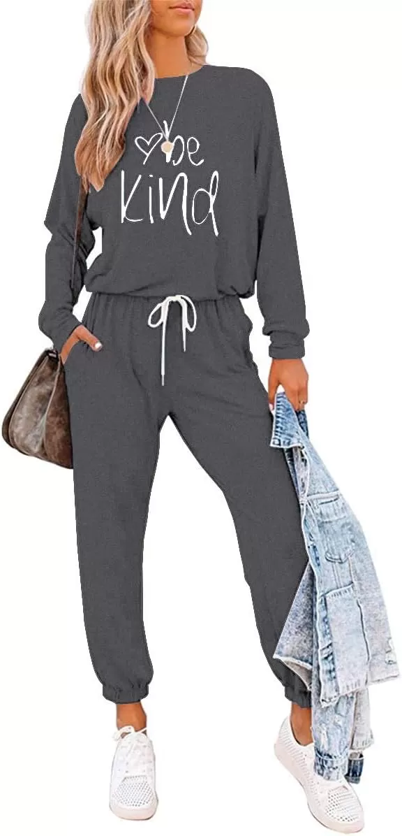 imagePRETTYGARDEN Womens Fall 2 Piece Lounge Outfit Long Sleeve Crewneck Pullover Tops High Waisted Pants Set TracksuitPatterneddark Grey