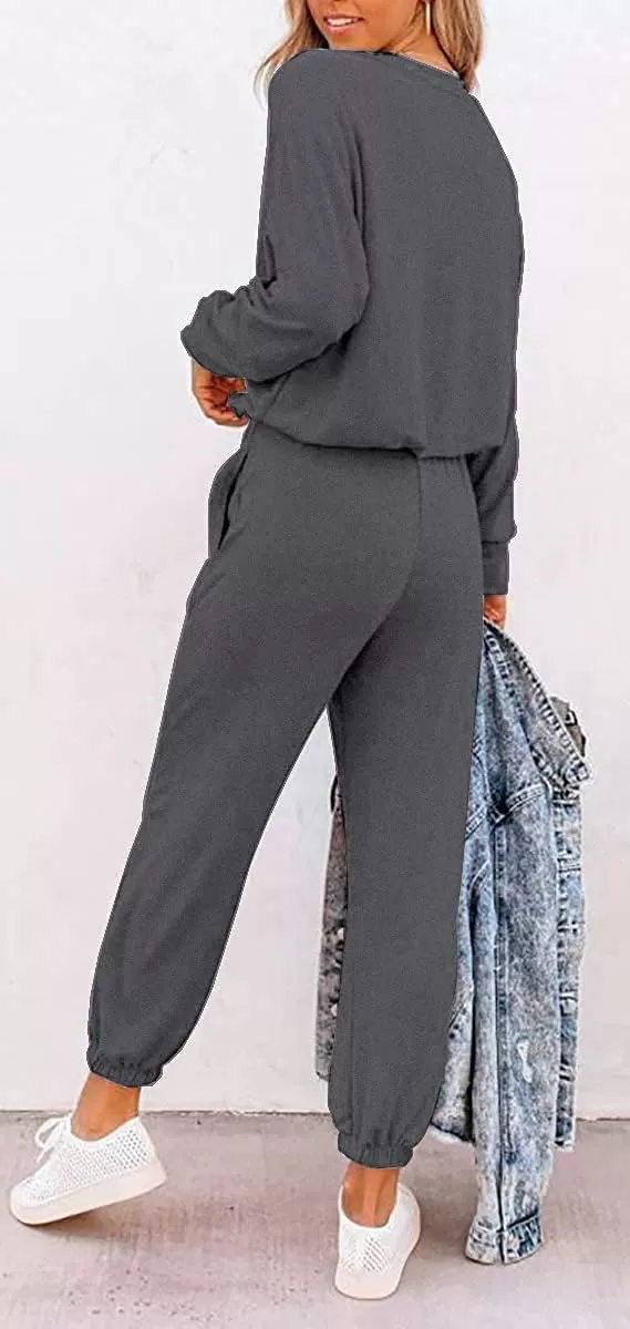 imagePRETTYGARDEN Womens Fall 2 Piece Lounge Outfit Long Sleeve Crewneck Pullover Tops High Waisted Pants Set TracksuitPatterneddark Grey