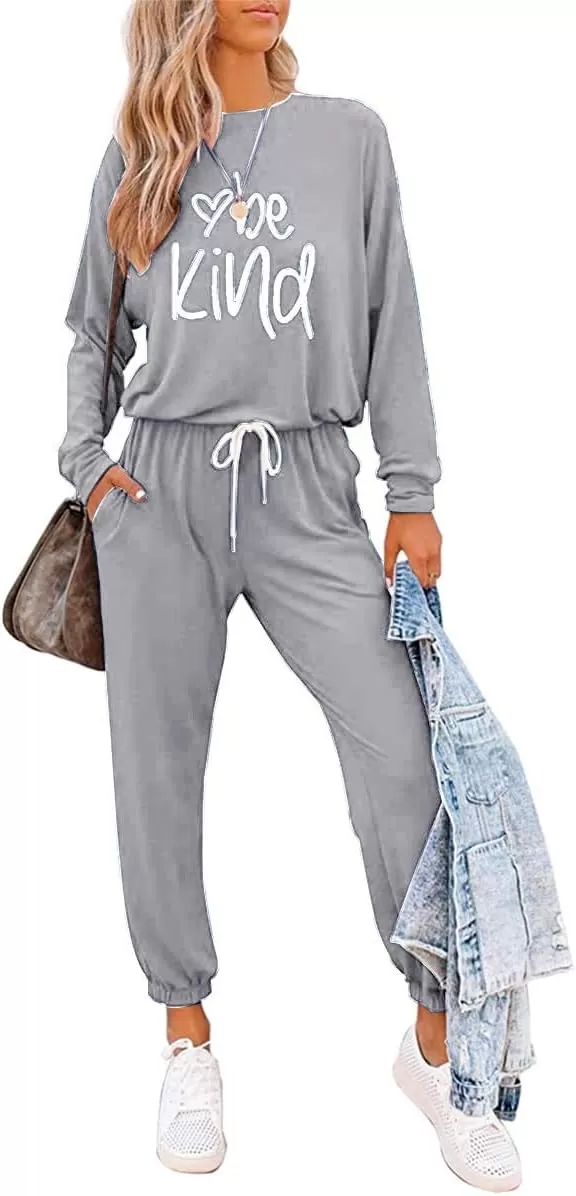 imagePRETTYGARDEN Womens Fall 2 Piece Lounge Outfit Long Sleeve Crewneck Pullover Tops High Waisted Pants Set TracksuitPatternedgrey
