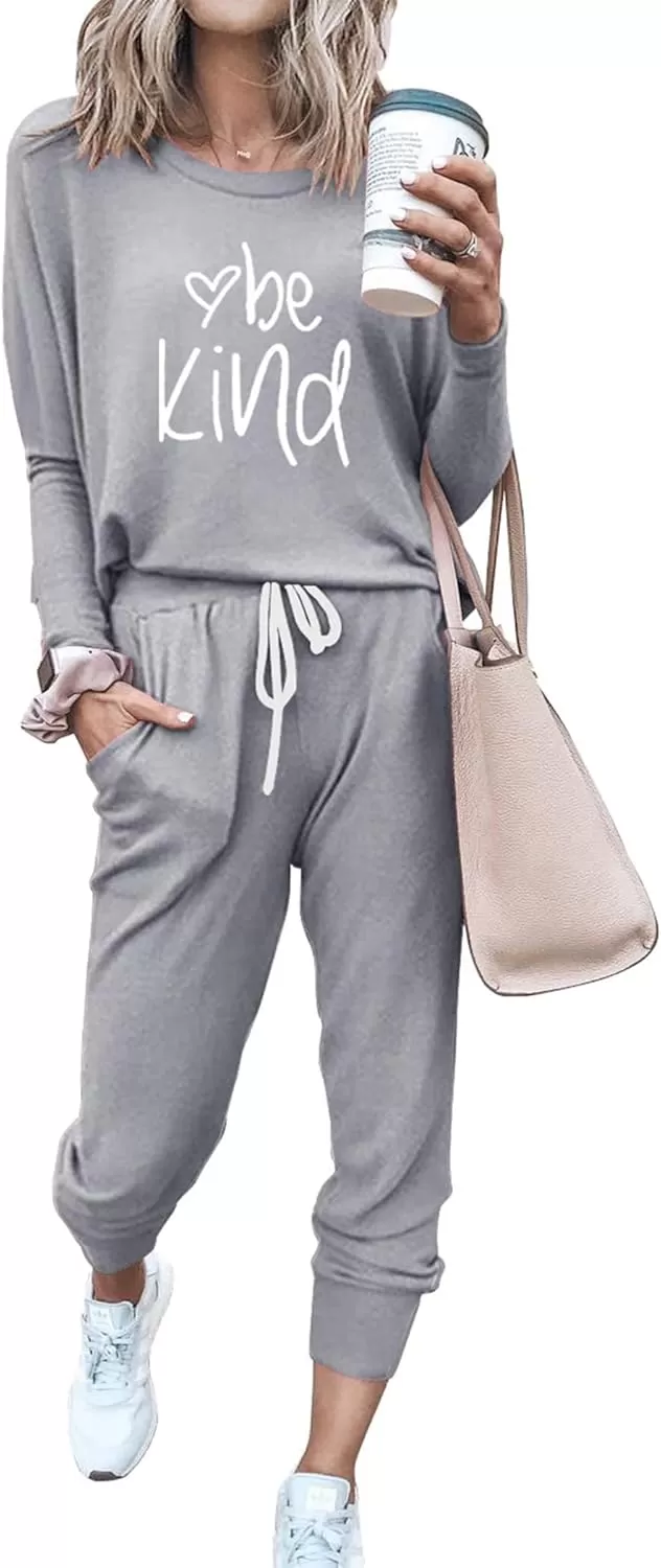 imagePRETTYGARDEN Womens Fall 2 Piece Lounge Outfit Long Sleeve Crewneck Pullover Tops High Waisted Pants Set TracksuitPatternedgrey