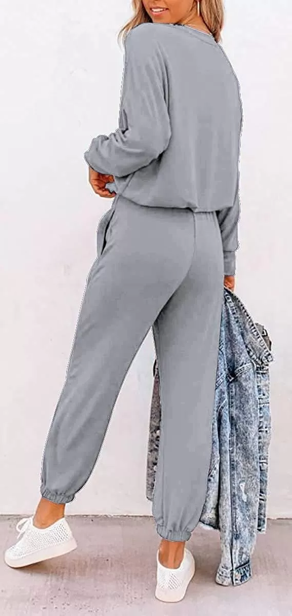 imagePRETTYGARDEN Womens Fall 2 Piece Lounge Outfit Long Sleeve Crewneck Pullover Tops High Waisted Pants Set TracksuitPatternedgrey