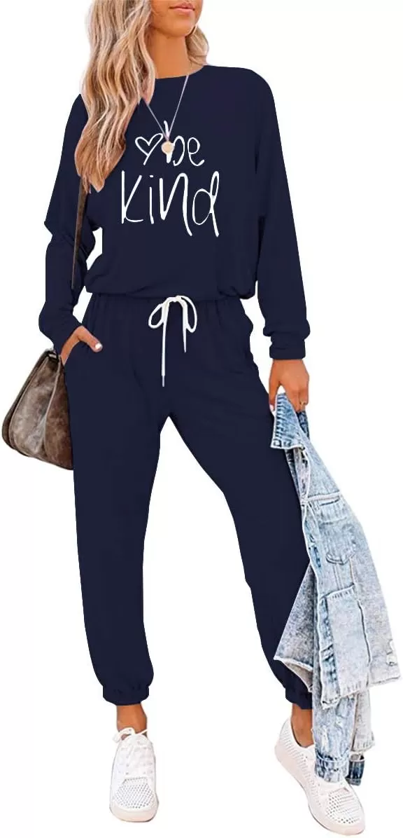 imagePRETTYGARDEN Womens Fall 2 Piece Lounge Outfit Long Sleeve Crewneck Pullover Tops High Waisted Pants Set TracksuitPatternednavy