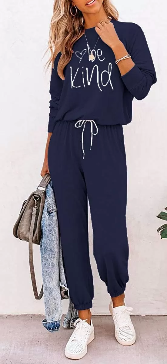 imagePRETTYGARDEN Womens Fall 2 Piece Lounge Outfit Long Sleeve Crewneck Pullover Tops High Waisted Pants Set TracksuitPatternednavy