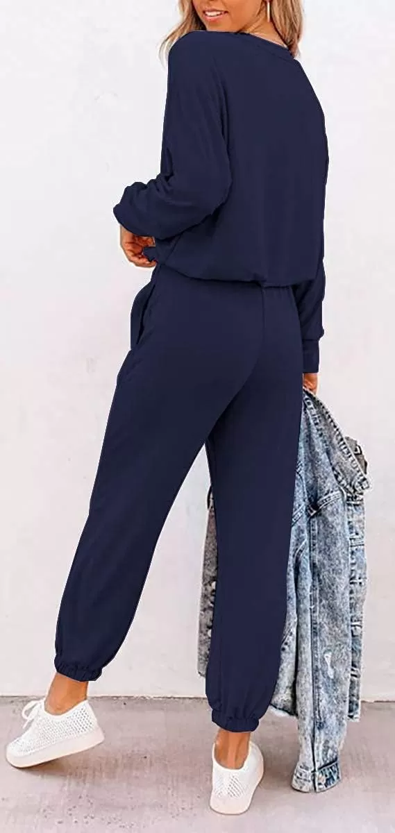 imagePRETTYGARDEN Womens Fall 2 Piece Lounge Outfit Long Sleeve Crewneck Pullover Tops High Waisted Pants Set TracksuitPatternednavy