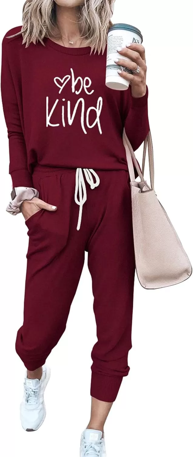 imagePRETTYGARDEN Womens Fall 2 Piece Lounge Outfit Long Sleeve Crewneck Pullover Tops High Waisted Pants Set TracksuitPatternedwine Red