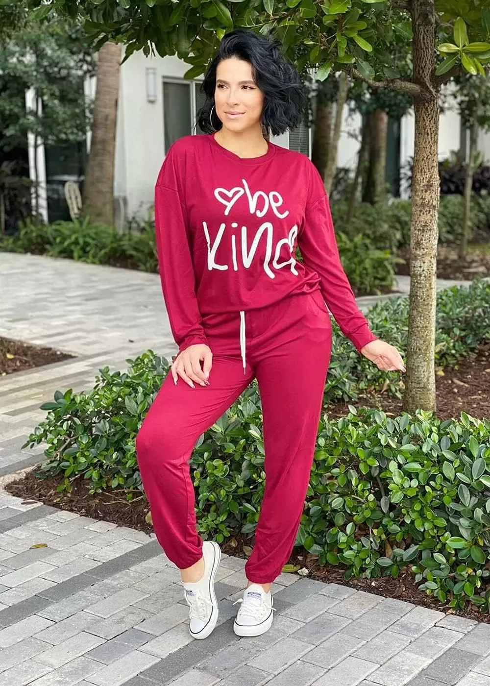imagePRETTYGARDEN Womens Fall 2 Piece Lounge Outfit Long Sleeve Crewneck Pullover Tops High Waisted Pants Set TracksuitPatternedwine Red