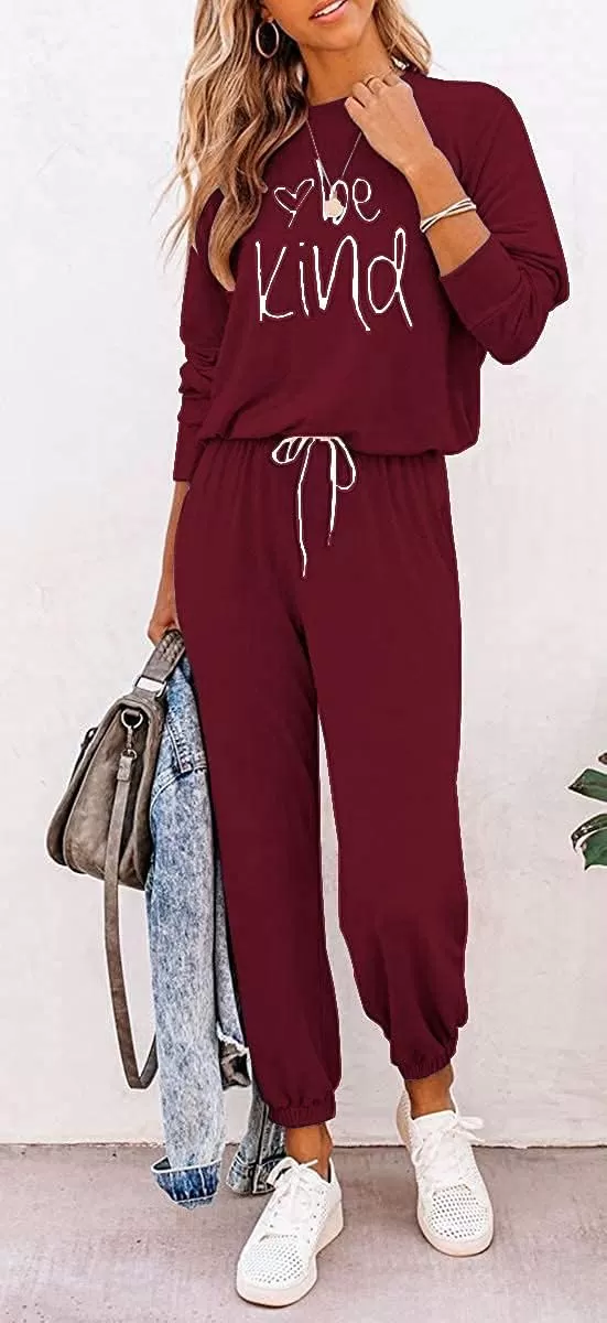 imagePRETTYGARDEN Womens Fall 2 Piece Lounge Outfit Long Sleeve Crewneck Pullover Tops High Waisted Pants Set TracksuitPatternedwine Red