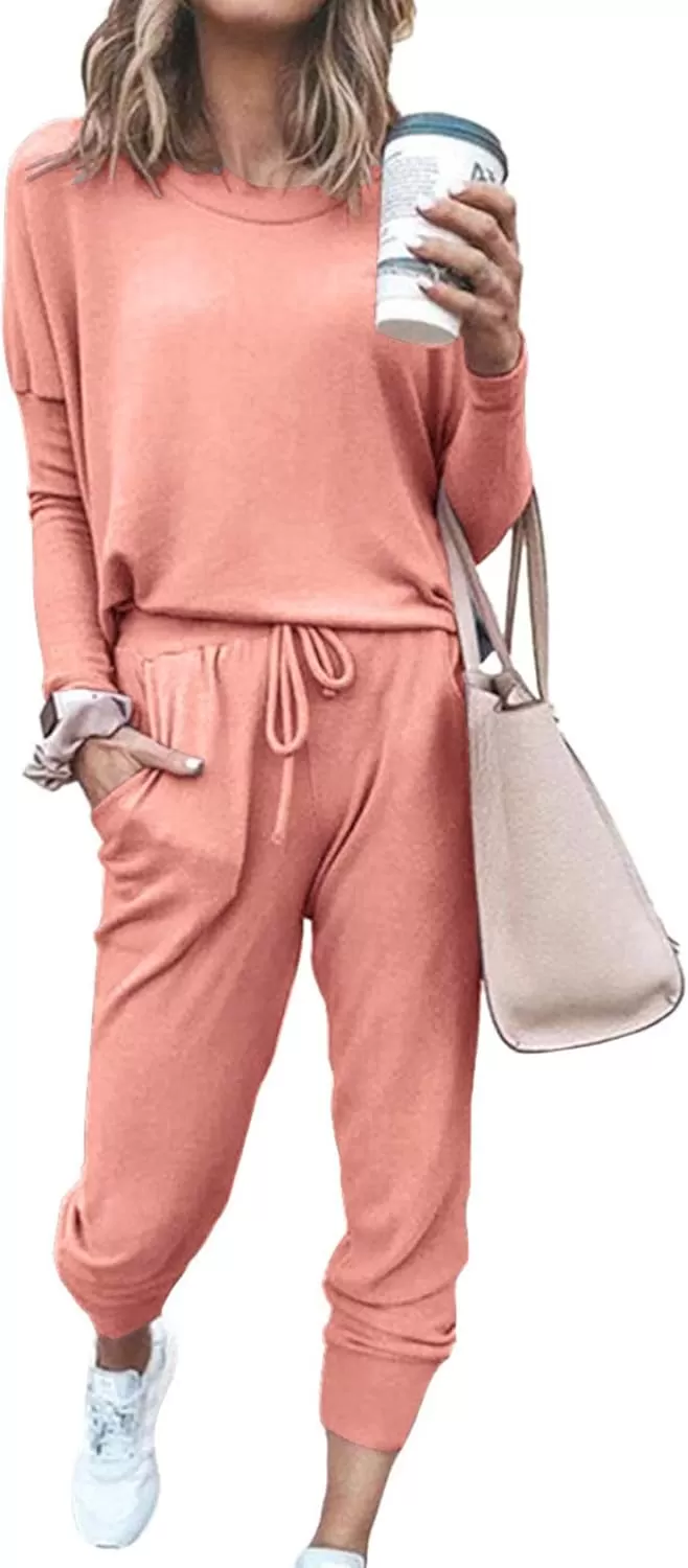 imagePRETTYGARDEN Womens Fall 2 Piece Lounge Outfit Long Sleeve Crewneck Pullover Tops High Waisted Pants Set TracksuitPink