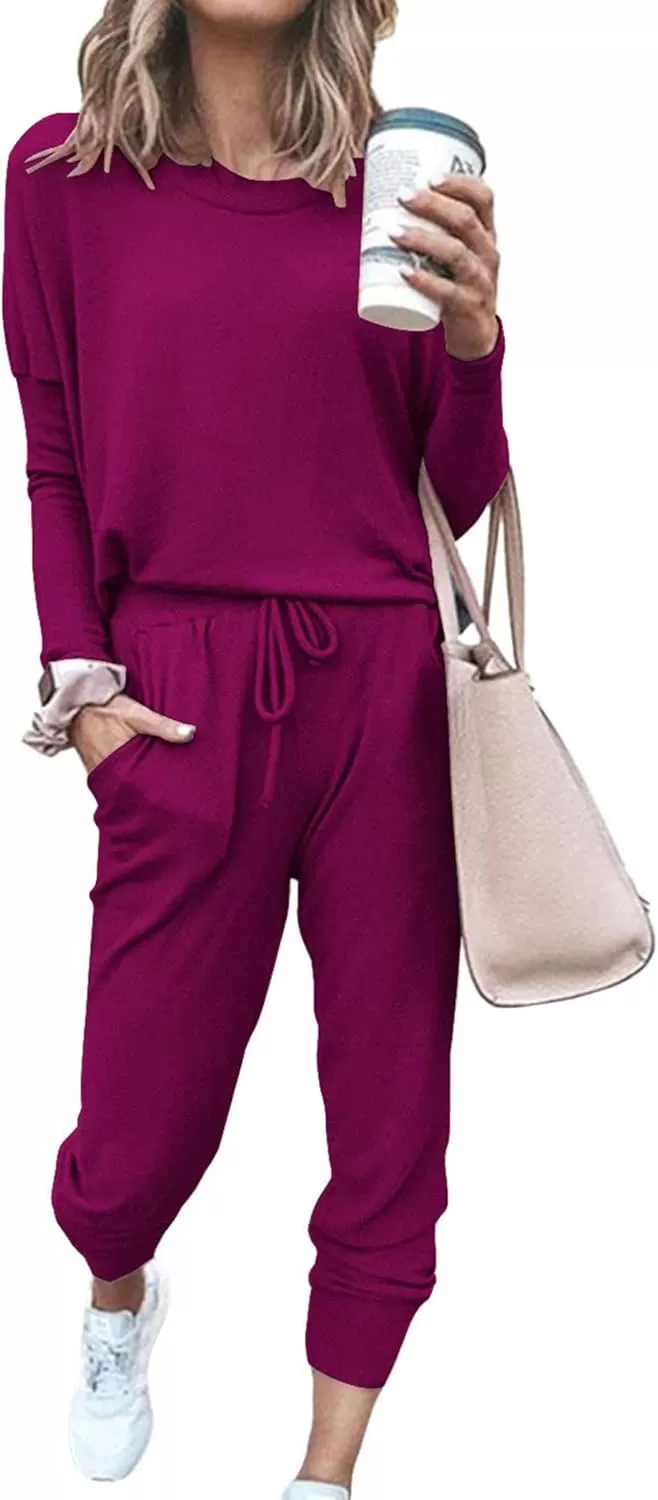 imagePRETTYGARDEN Womens Fall 2 Piece Lounge Outfit Long Sleeve Crewneck Pullover Tops High Waisted Pants Set TracksuitPurple