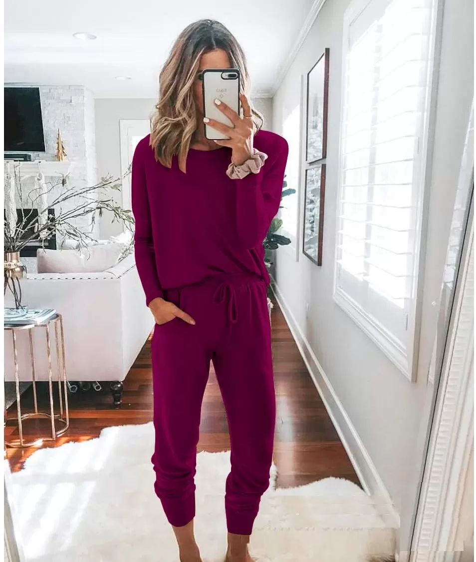 imagePRETTYGARDEN Womens Fall 2 Piece Lounge Outfit Long Sleeve Crewneck Pullover Tops High Waisted Pants Set TracksuitPurple