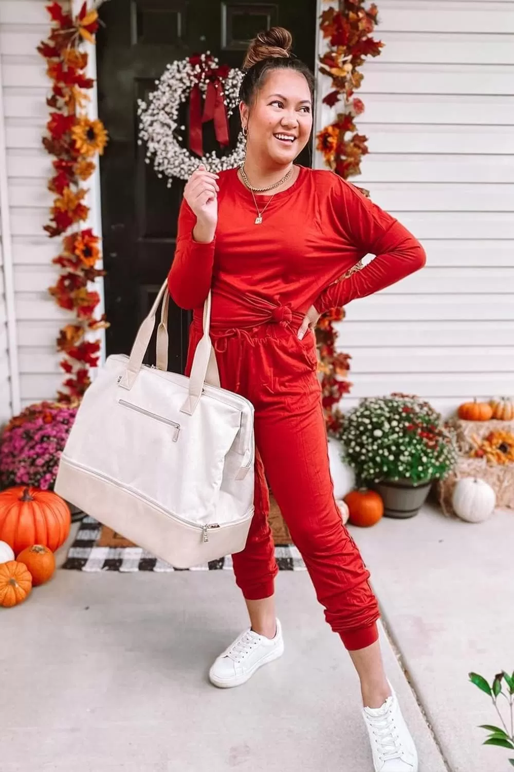 imagePRETTYGARDEN Womens Fall 2 Piece Lounge Outfit Long Sleeve Crewneck Pullover Tops High Waisted Pants Set TracksuitRed