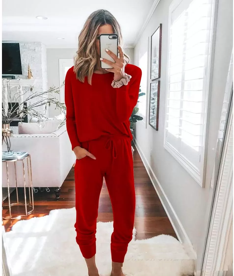 imagePRETTYGARDEN Womens Fall 2 Piece Lounge Outfit Long Sleeve Crewneck Pullover Tops High Waisted Pants Set TracksuitRed