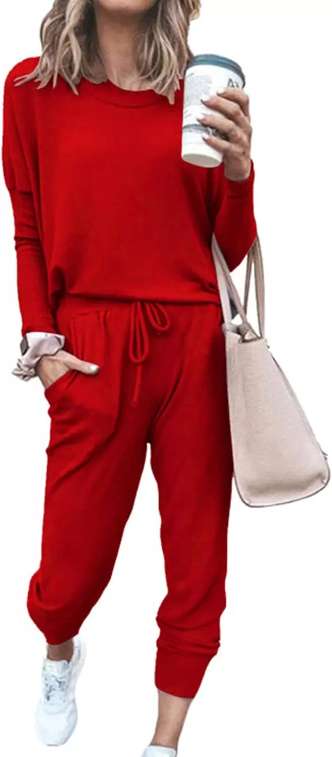 imagePRETTYGARDEN Womens Fall 2 Piece Lounge Outfit Long Sleeve Crewneck Pullover Tops High Waisted Pants Set TracksuitRed