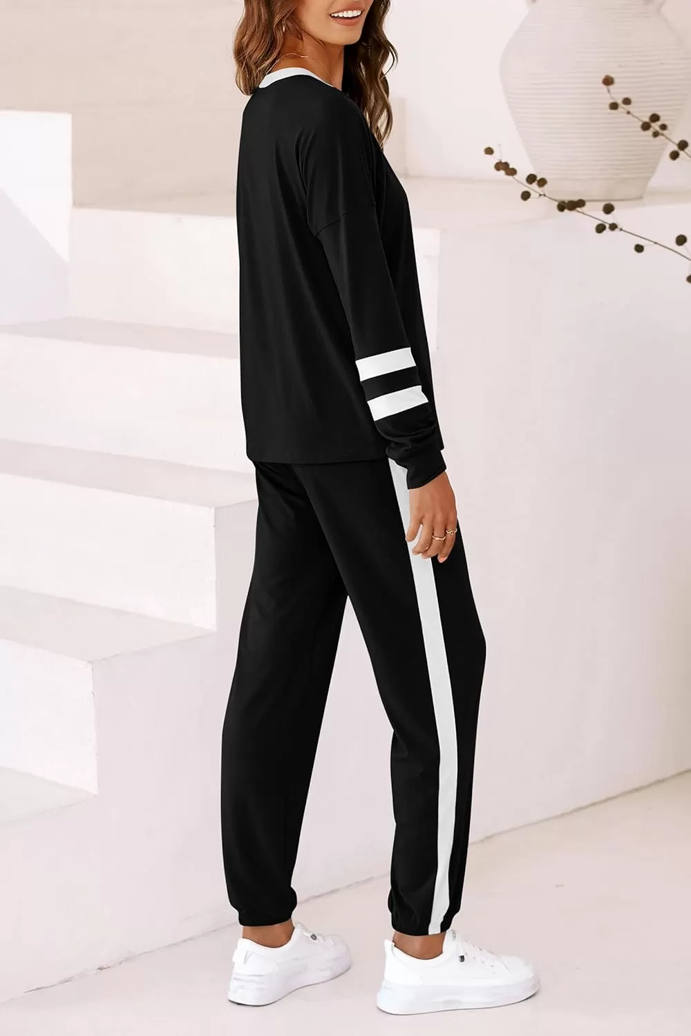 imagePRETTYGARDEN Womens Fall 2 Piece Lounge Outfit Long Sleeve Crewneck Pullover Tops High Waisted Pants Set TracksuitStriped Black