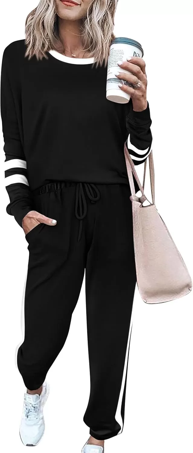 imagePRETTYGARDEN Womens Fall 2 Piece Lounge Outfit Long Sleeve Crewneck Pullover Tops High Waisted Pants Set TracksuitStriped Black